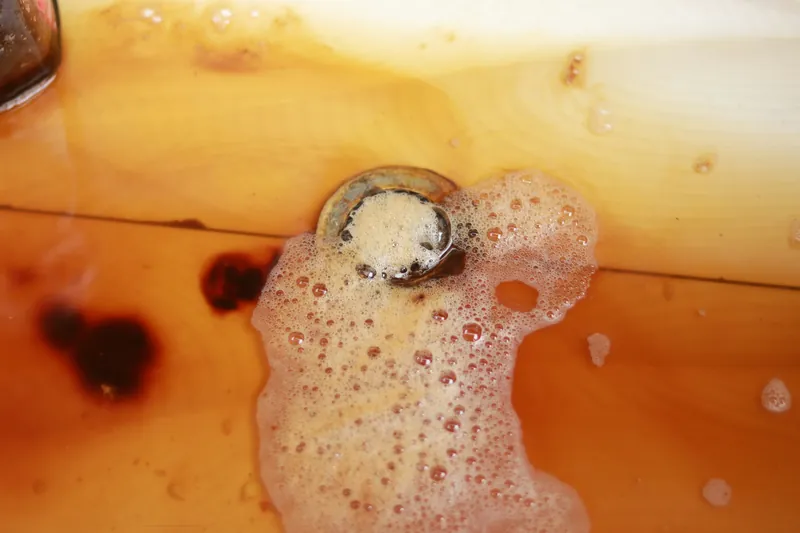 Brown water and foam standing over a blocked plughole