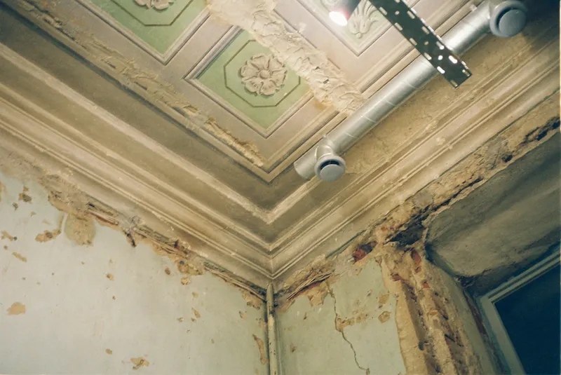 Water stains and damaged plaster along a ceiling cornice