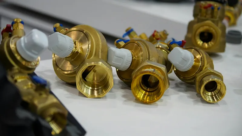 New brass valves laid out on a white bench