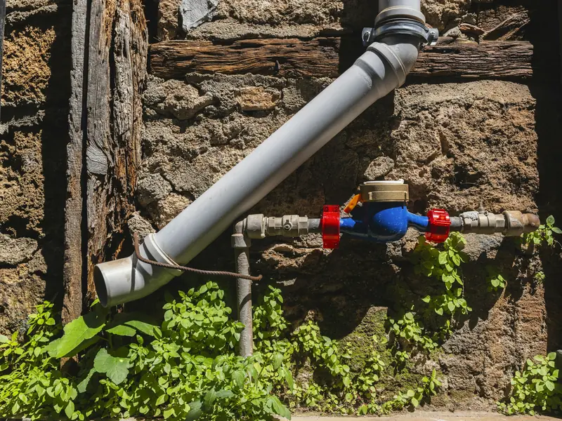 A blue water meter and valves fixed to a stone wall